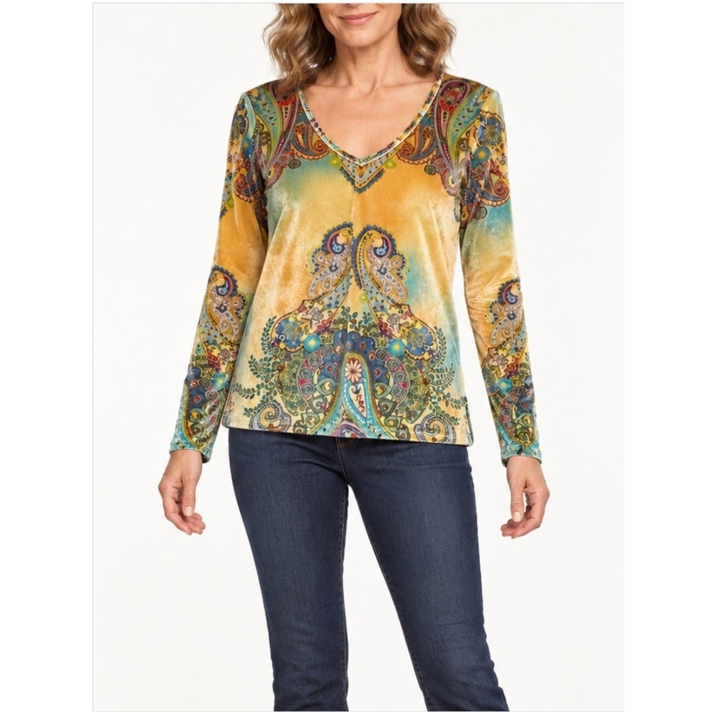 The Pyramid Collection Velvet Printed Top Women's M Boho Chic Multicolor